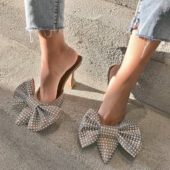 Shoes - 🎉Oversized Rhinestone Bow High Heel Slippers